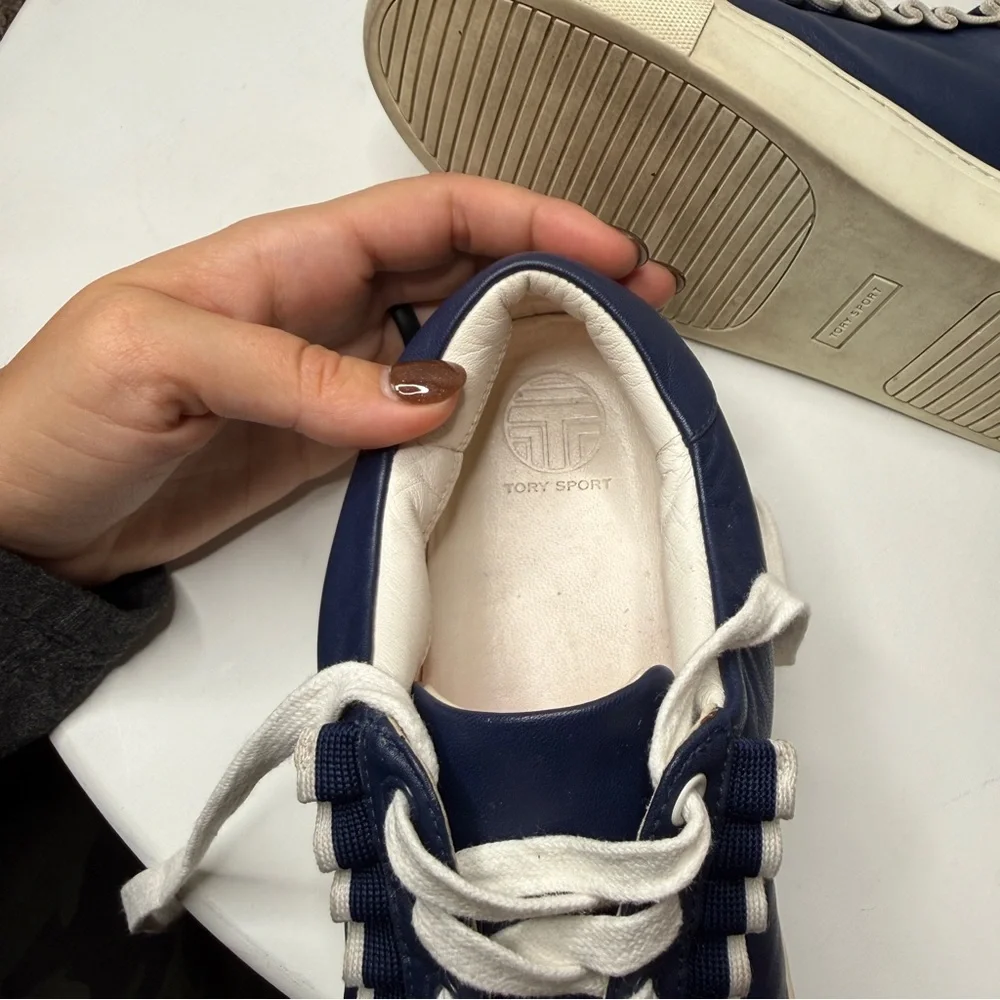 Tory Burch Sport Blue Ruffle Leather Lace Up Low Top Sneakers Logo Size 8.5